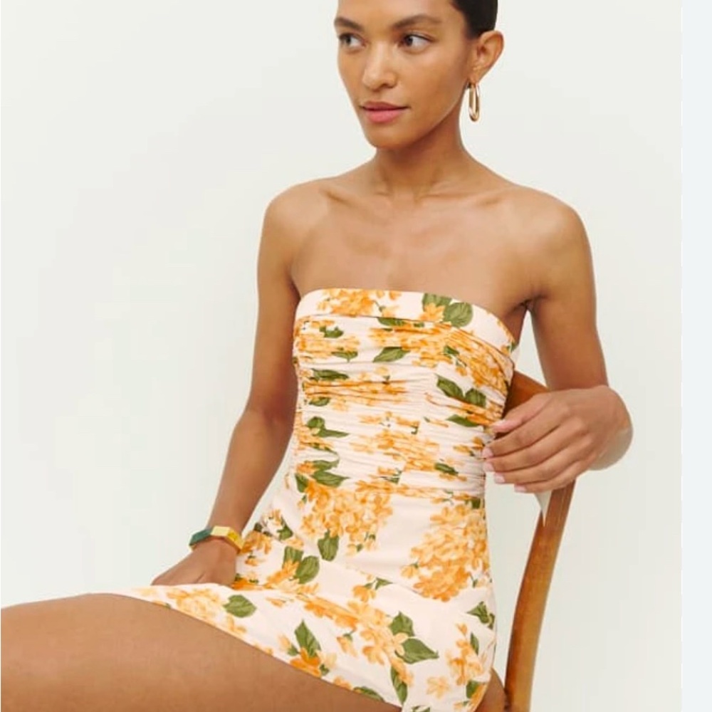 Reformation Strapless Floral Mini Dress in Cream and Yellow